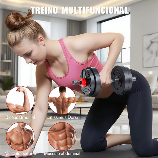 Kit de Halteres Ajustáveis 20kg com Barra Kettlebell para Treino e Academia em Casa.