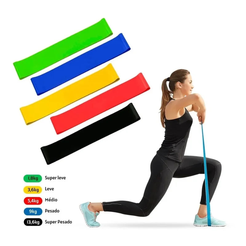 Kit 5 Mini Faixas Elásticas de Resistência para Treino, Academia e Exercícios em Casa