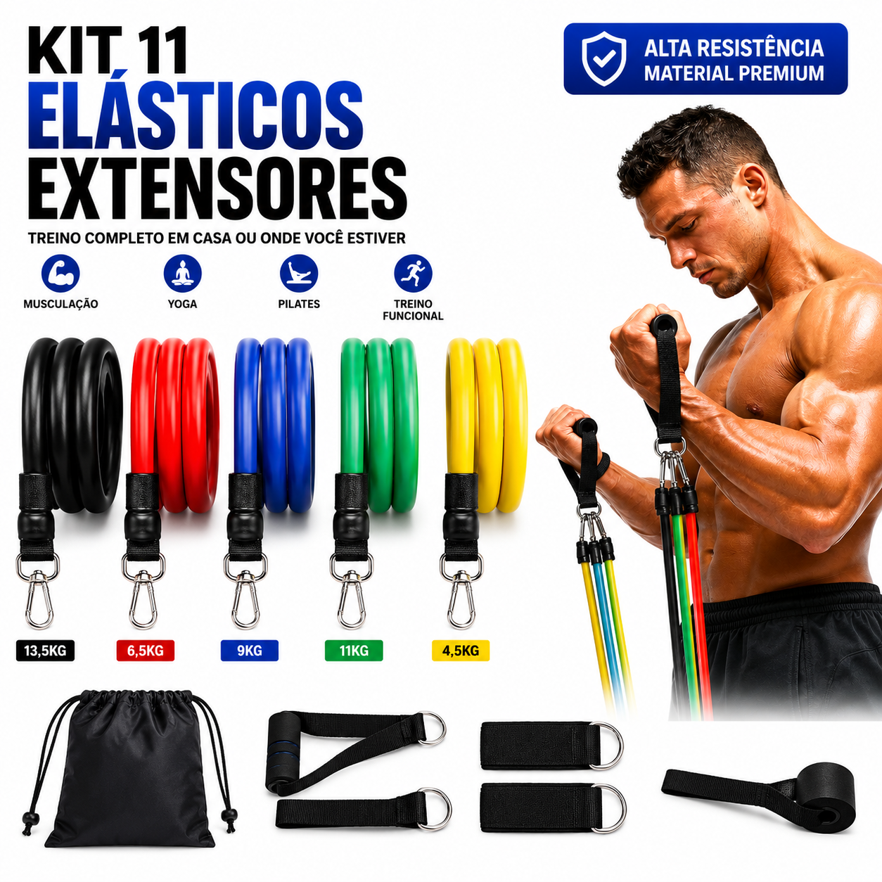 Kit 11 Elásticos Extensores para Musculação, Yoga, Pilates e Treino Funcional