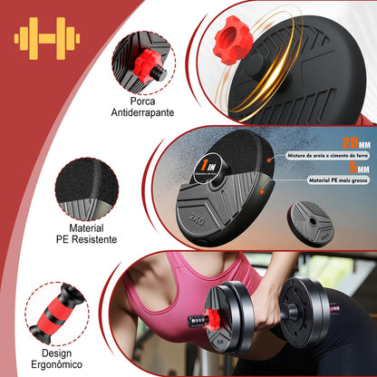 Kit de Halteres Ajustáveis 20kg com Barra Kettlebell para Treino e Academia em Casa.