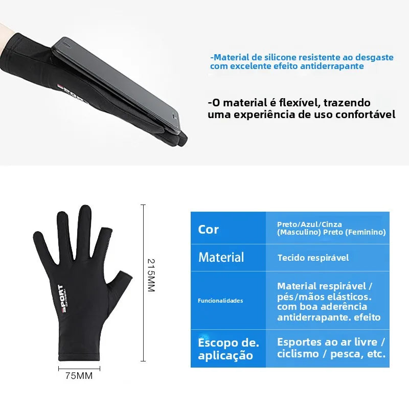 Luva Esportiva Antiderrapante com Proteção UV para Bike, Pesca e Academia