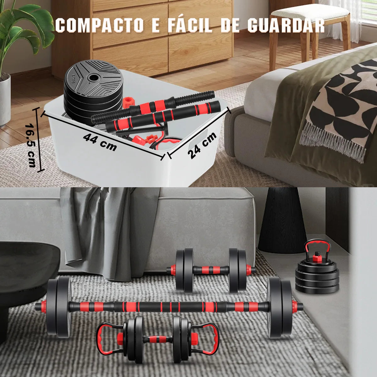 Kit de Halteres Ajustáveis 20kg com Barra Kettlebell para Treino e Academia em Casa.