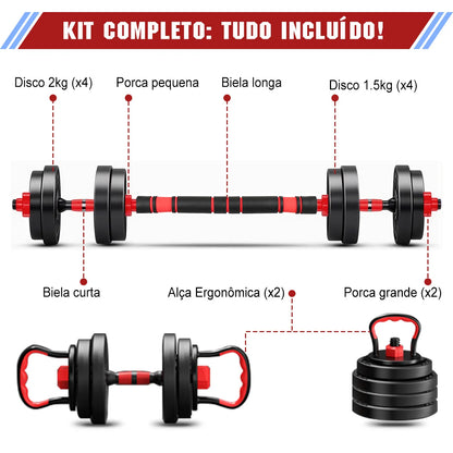 Kit de Halteres Ajustáveis 20kg com Barra Kettlebell para Treino e Academia em Casa.
