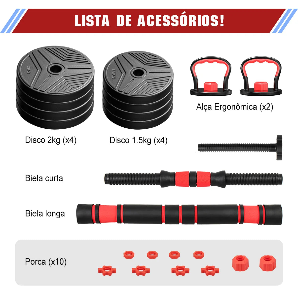 Kit de Halteres Ajustáveis 20kg com Barra Kettlebell para Treino e Academia em Casa.