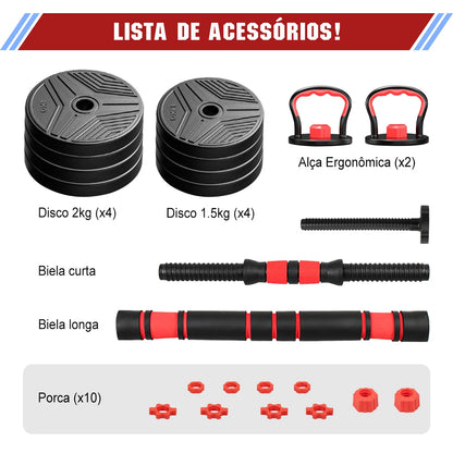 Kit de Halteres Ajustáveis 20kg com Barra Kettlebell para Treino e Academia em Casa.
